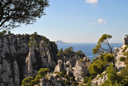 Boat anchored in a quiet calanque inlet near Marseille