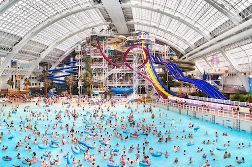 Zipline and water slides crossing the waterpark at West Edmonton Mall