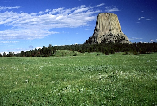 Climbers scaling the side of Devils Tower