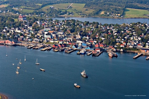 Colorful waterfront of Lunenburg with boats and historic buildings