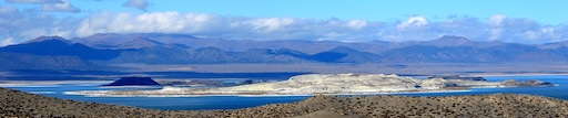 Birds flying over Mono Lake with tufa formations in background