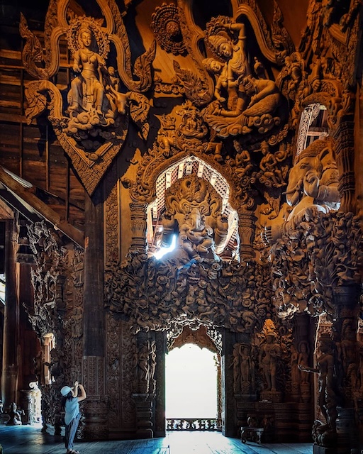 Interior view of hand-carved statues inside Sanctuary of Truth