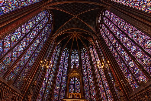 Full view of the upper chapel's stained glass walls