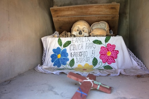 Human bones arranged in a cleaned ossuary in Pomuch cemetery