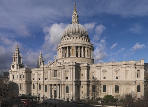 St Paul's Cathedral front view with dome under blue sky