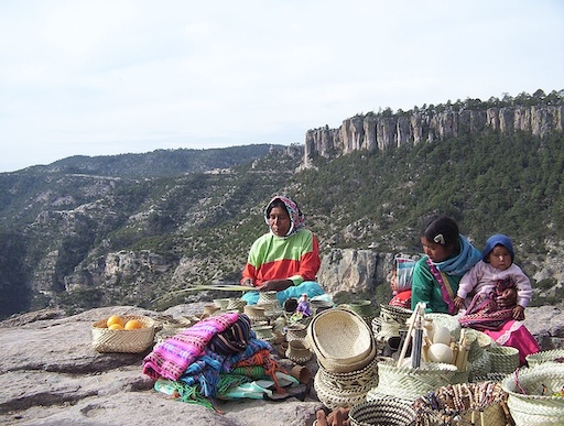 Rarámuri children walking a trail in Sierra Tarahumara