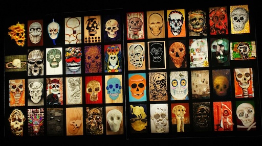 Tzompantli-inspired modern artwork with colored skulls