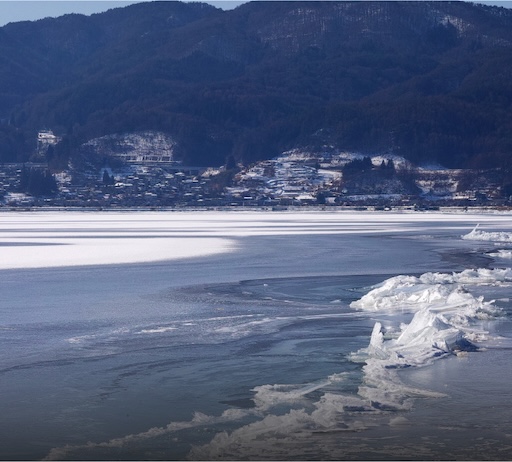 Snowy view of Lake Suwa in winter